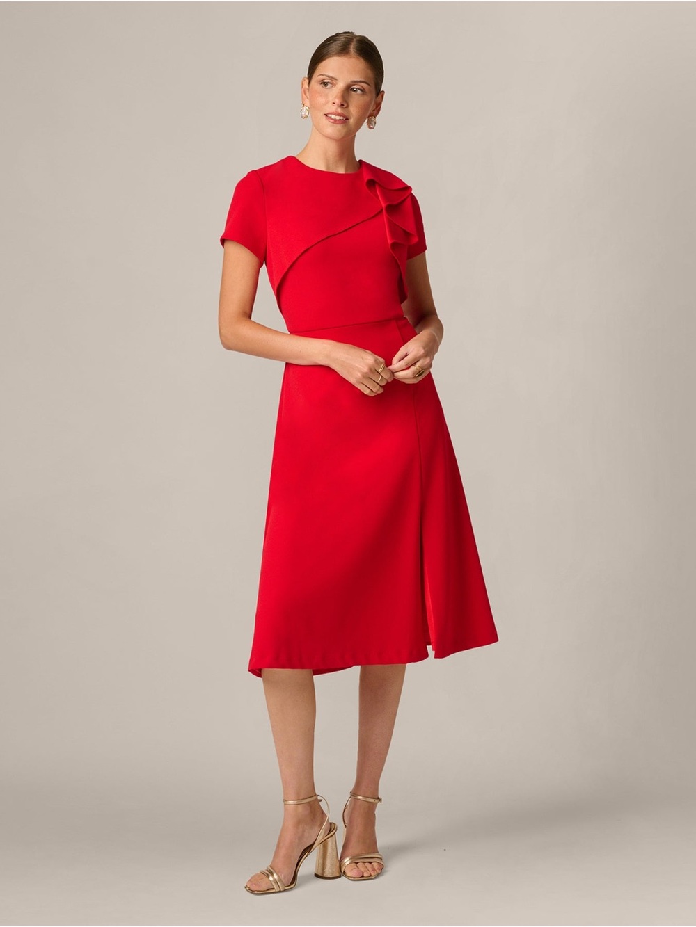 Adrianna Papell Size 12 Red Ruffle Short Sleeve Midi Cocktail Dress NWT GALA MOB